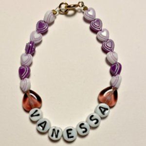 1980's Vintage Child Bracelet Vanessa Personalized Beaded Purple White Heart